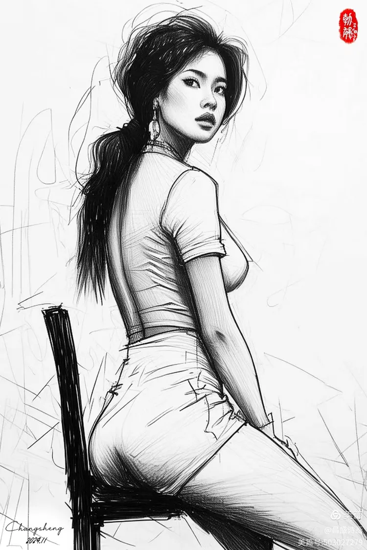 钢笔素描美女坐姿